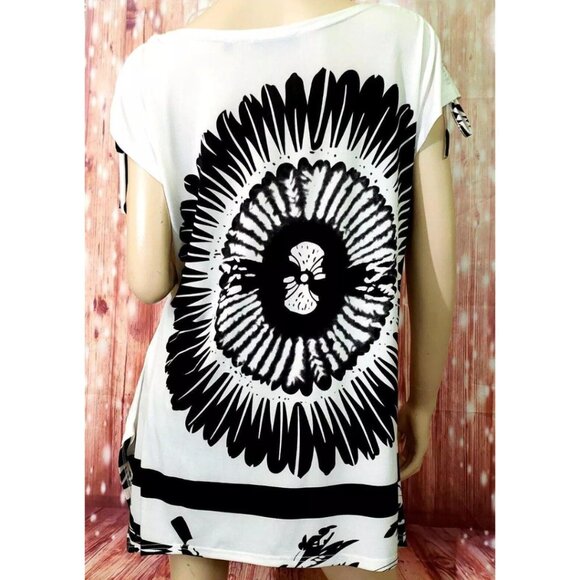 Emilio Pepe Italy Graphic Flower Asymmetrical Hem Adjustable Short Sleeve Top L - Picture 11 of 16